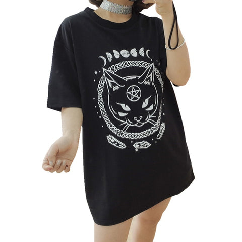 Gothic Moon Phase Witchcraft Cat Printed Female Harajuku T-Shirt